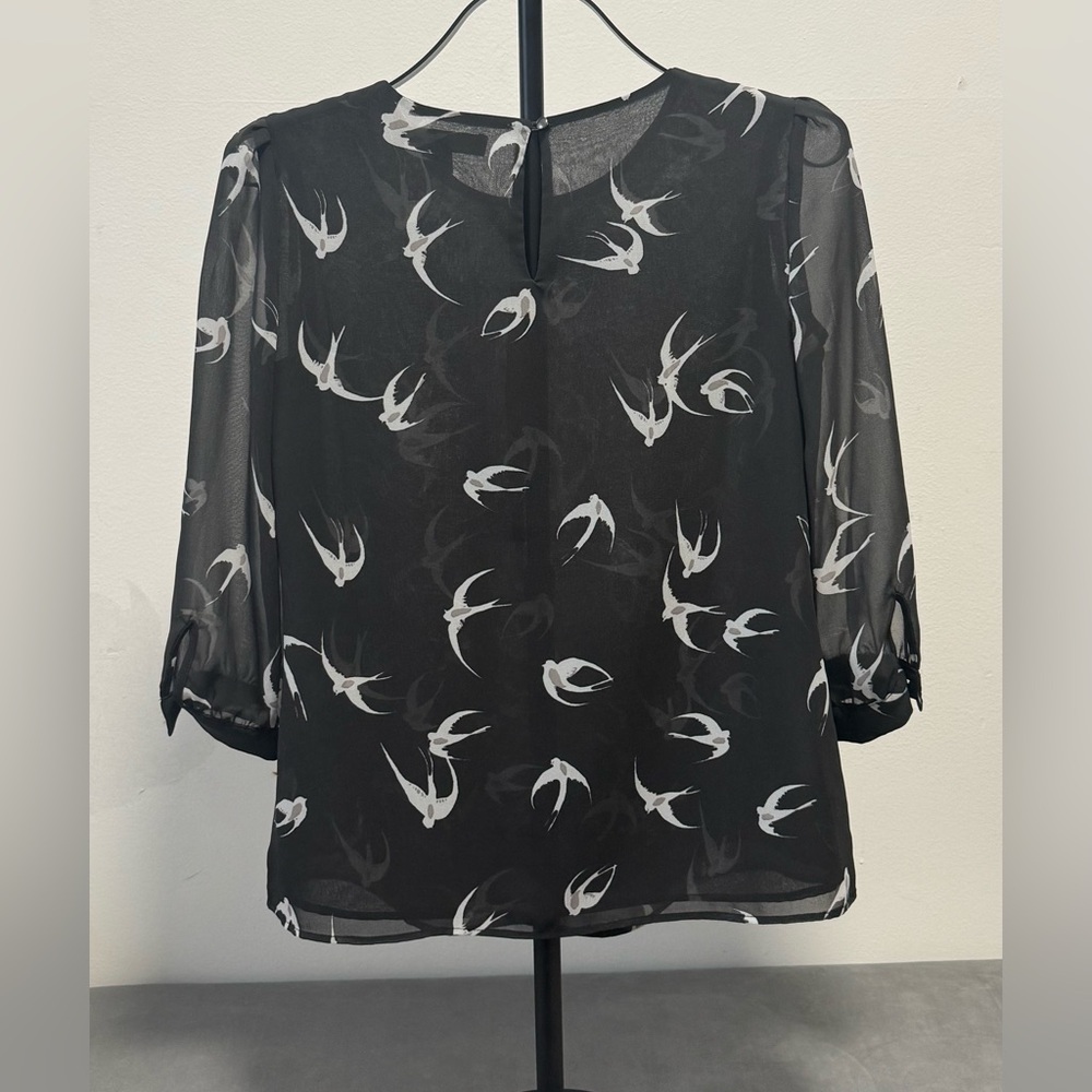 Banana Republic Petite XXS Sheer Bird Print Blouse Black White 3/4 Sleeve